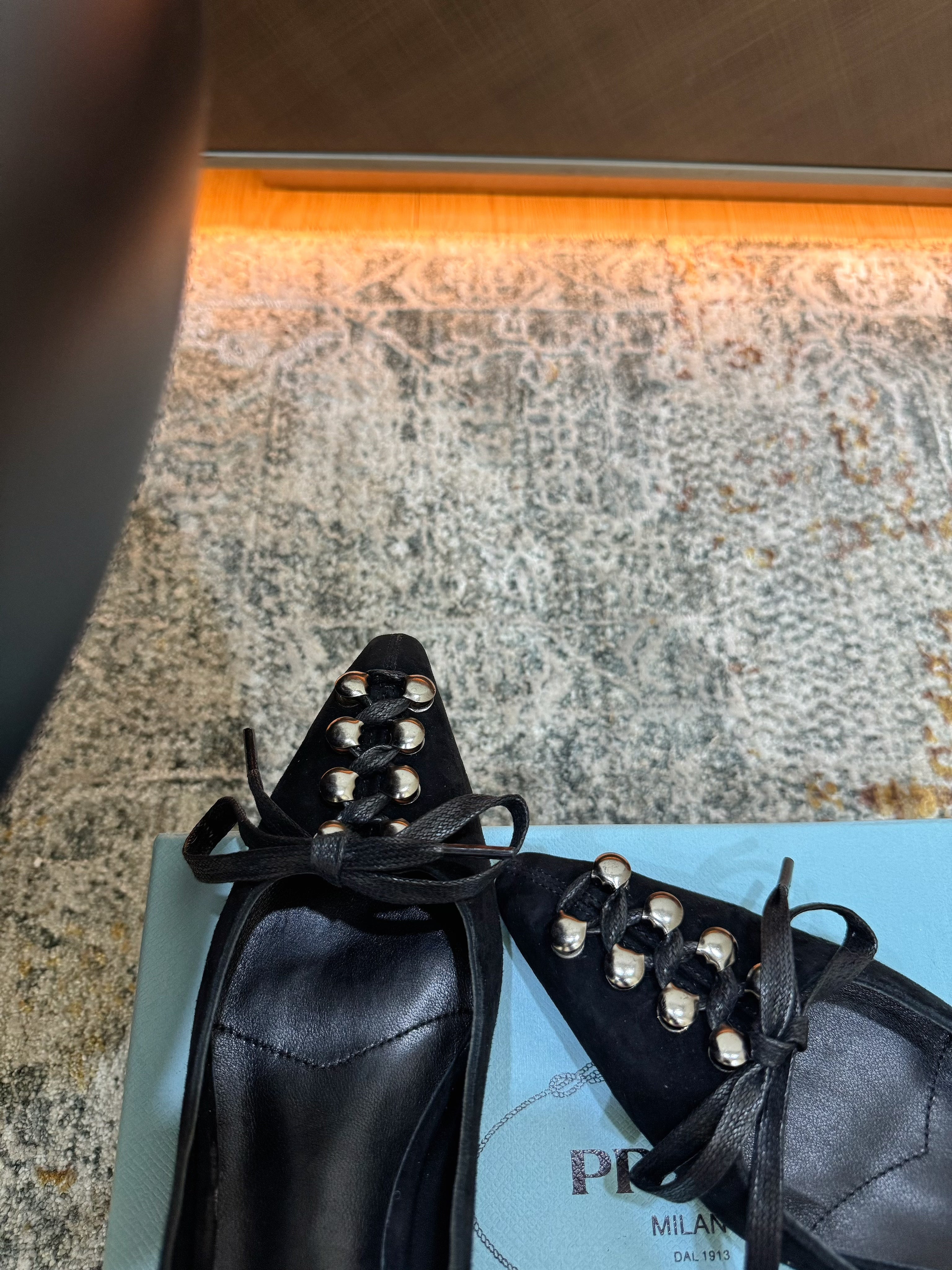 PRADA 26S POINTED TOE LACE UP STUDDED PUMPS 55MM IN BLACK CALFSKIN