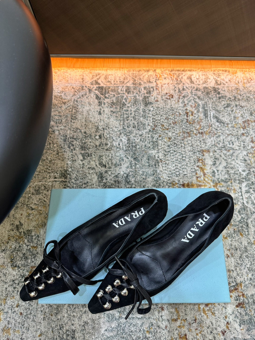 PRADA 26S POINTED TOE LACE UP STUDDED PUMPS 55MM IN BLACK CALFSKIN