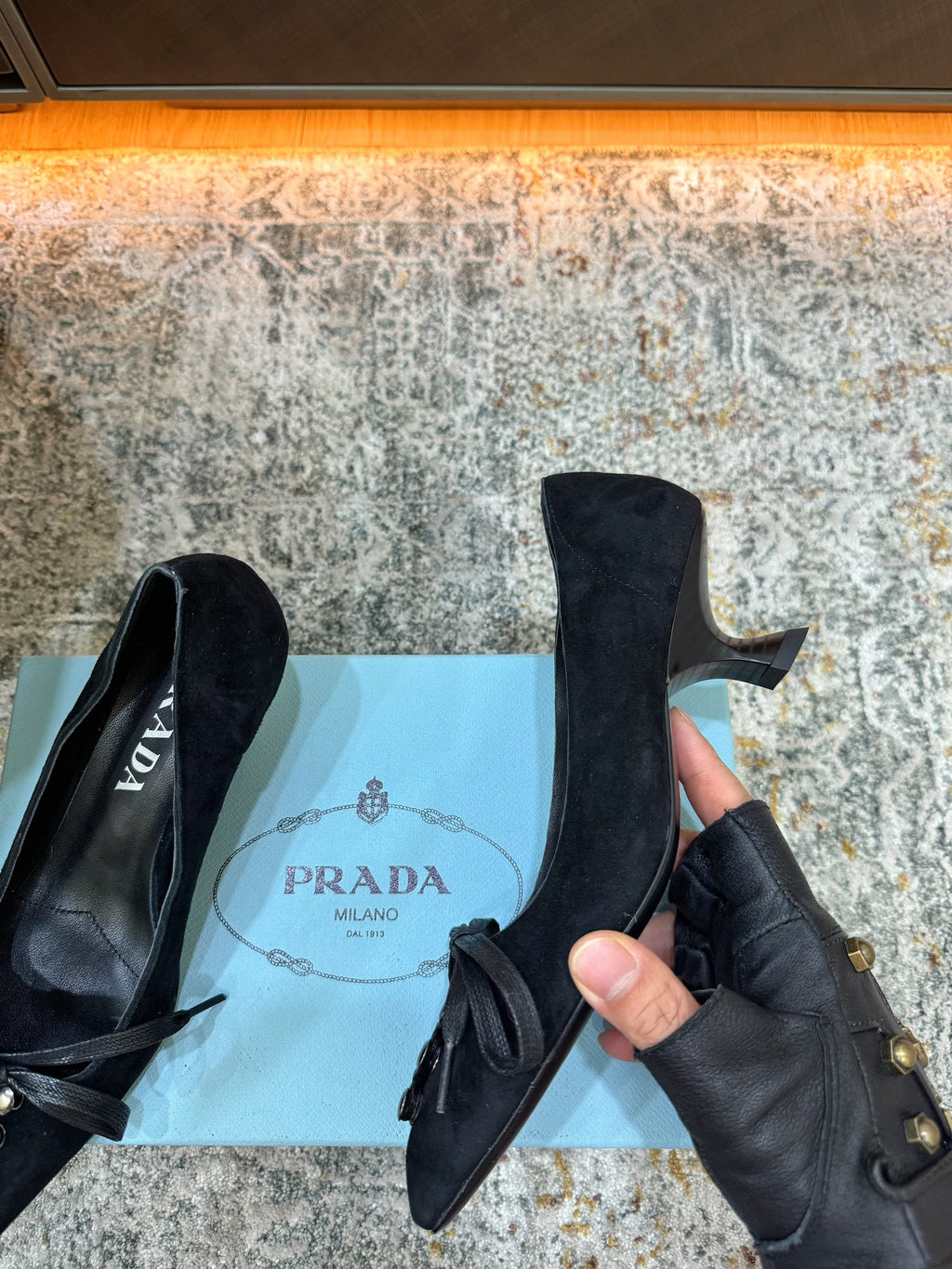 PRADA 26S POINTED TOE LACE UP STUDDED PUMPS 55MM IN BLACK CALFSKIN