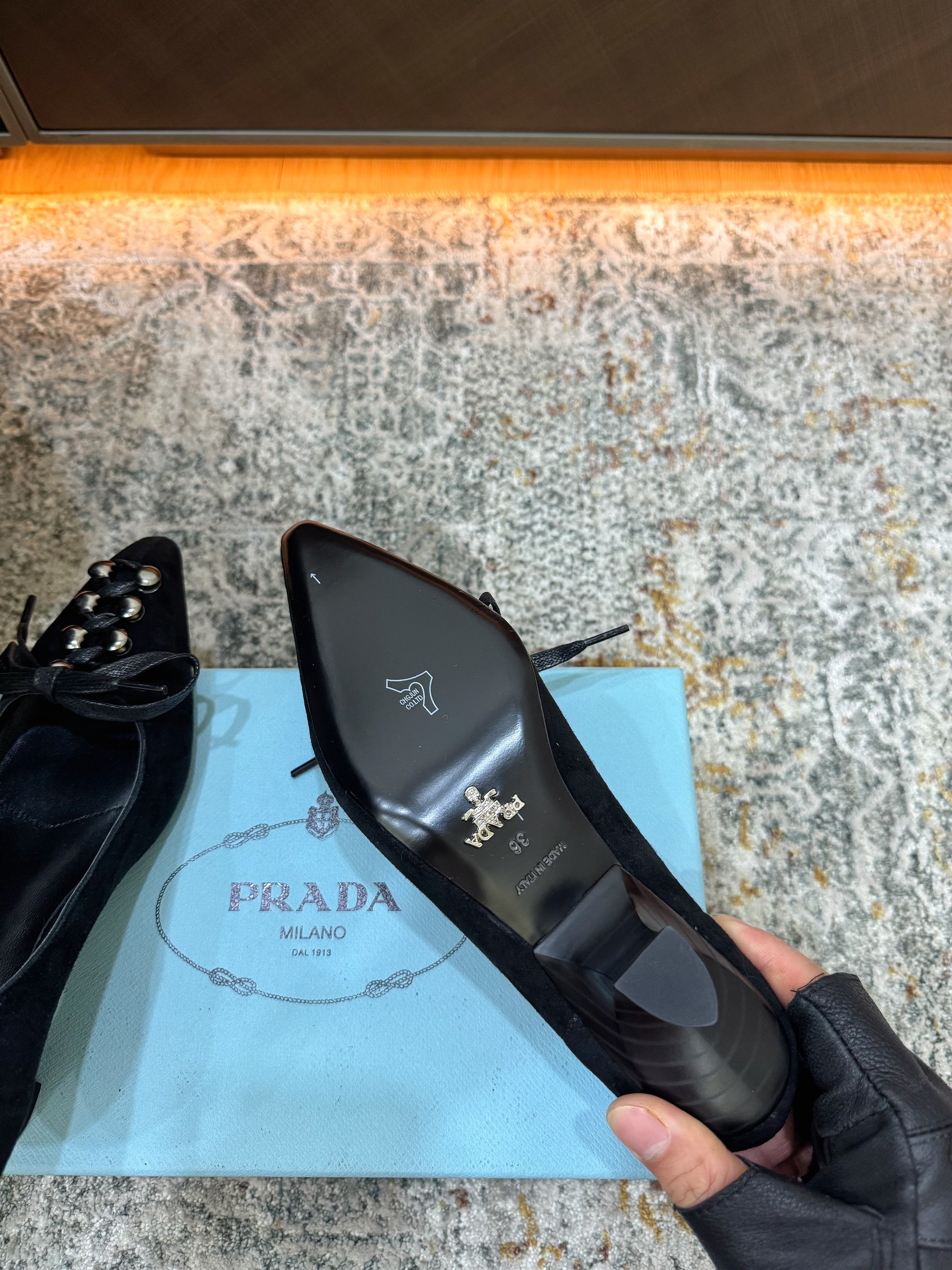 PRADA 26S POINTED TOE LACE UP STUDDED PUMPS 55MM IN BLACK CALFSKIN