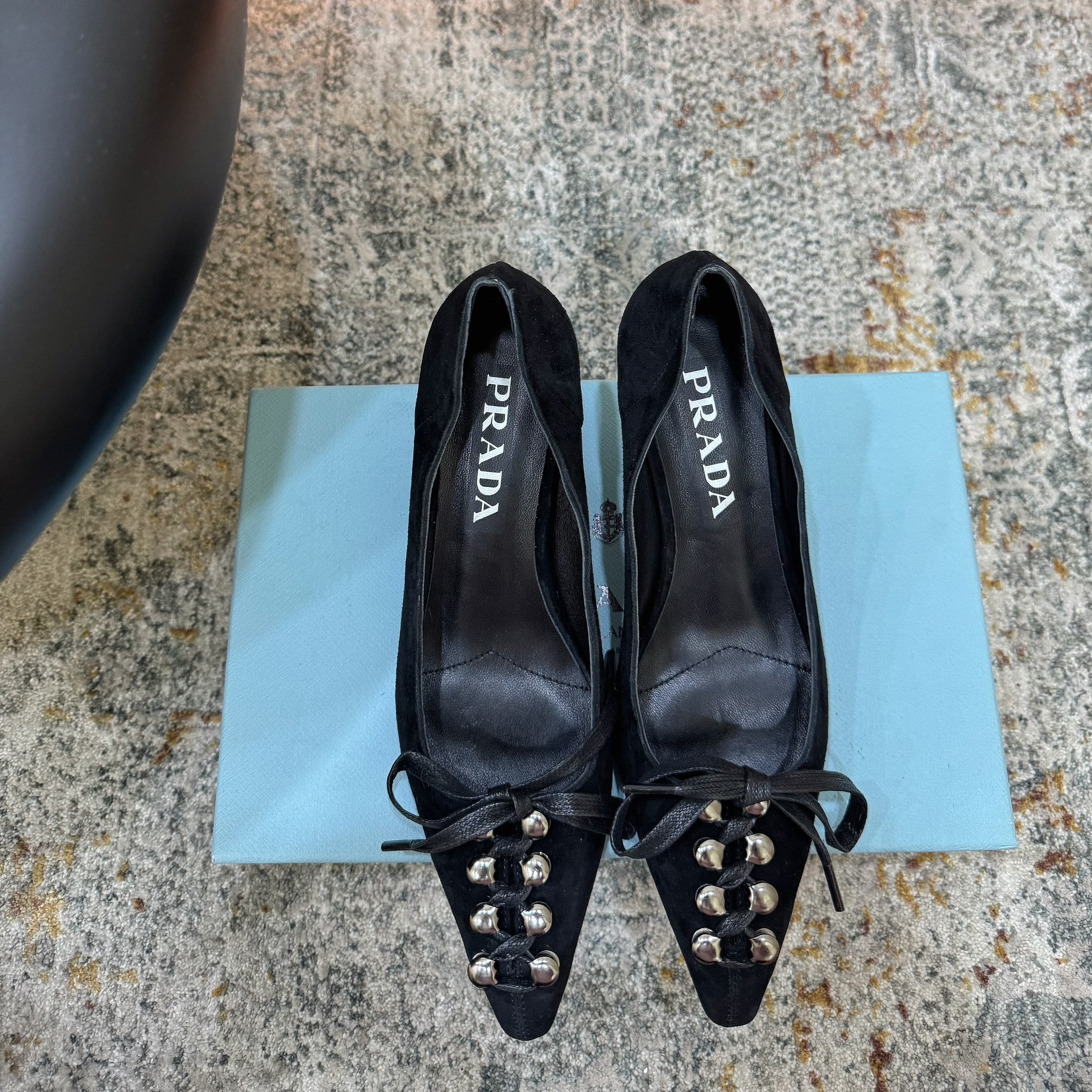 PRADA 26S POINTED TOE LACE UP STUDDED PUMPS 55MM IN BLACK CALFSKIN