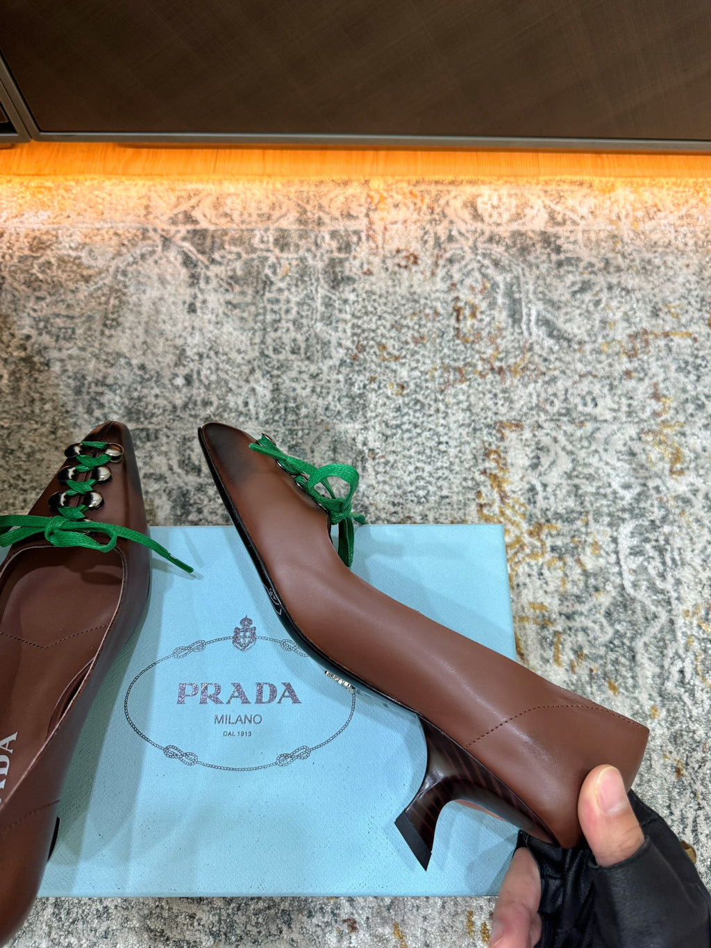 PRADA 26S LACE UP STUDDED PUMPS 55MM IN DARK BROWN CALFSKIN WITH GREEN LACES