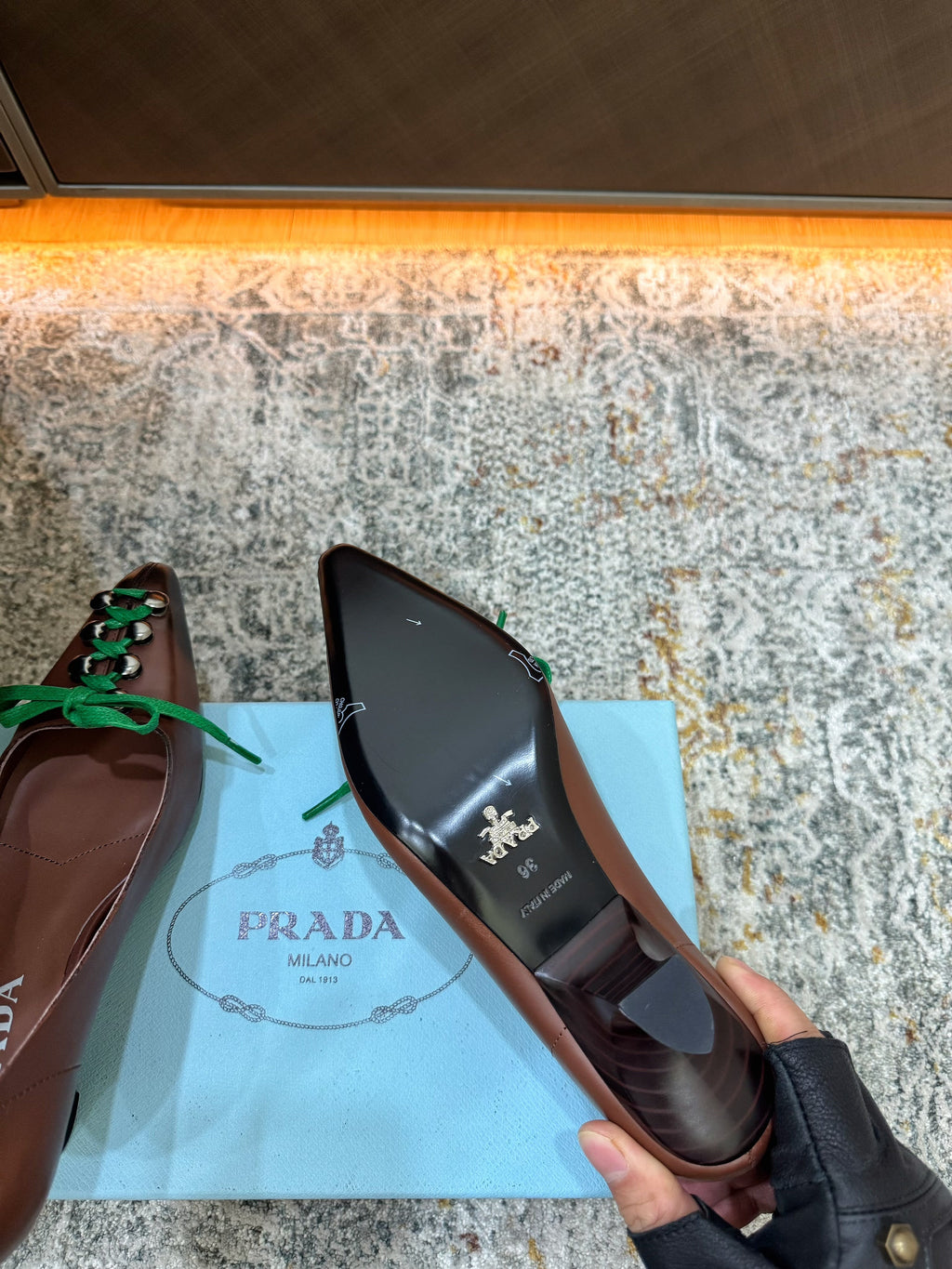 PRADA 26S LACE UP STUDDED PUMPS 55MM IN DARK BROWN CALFSKIN WITH GREEN LACES
