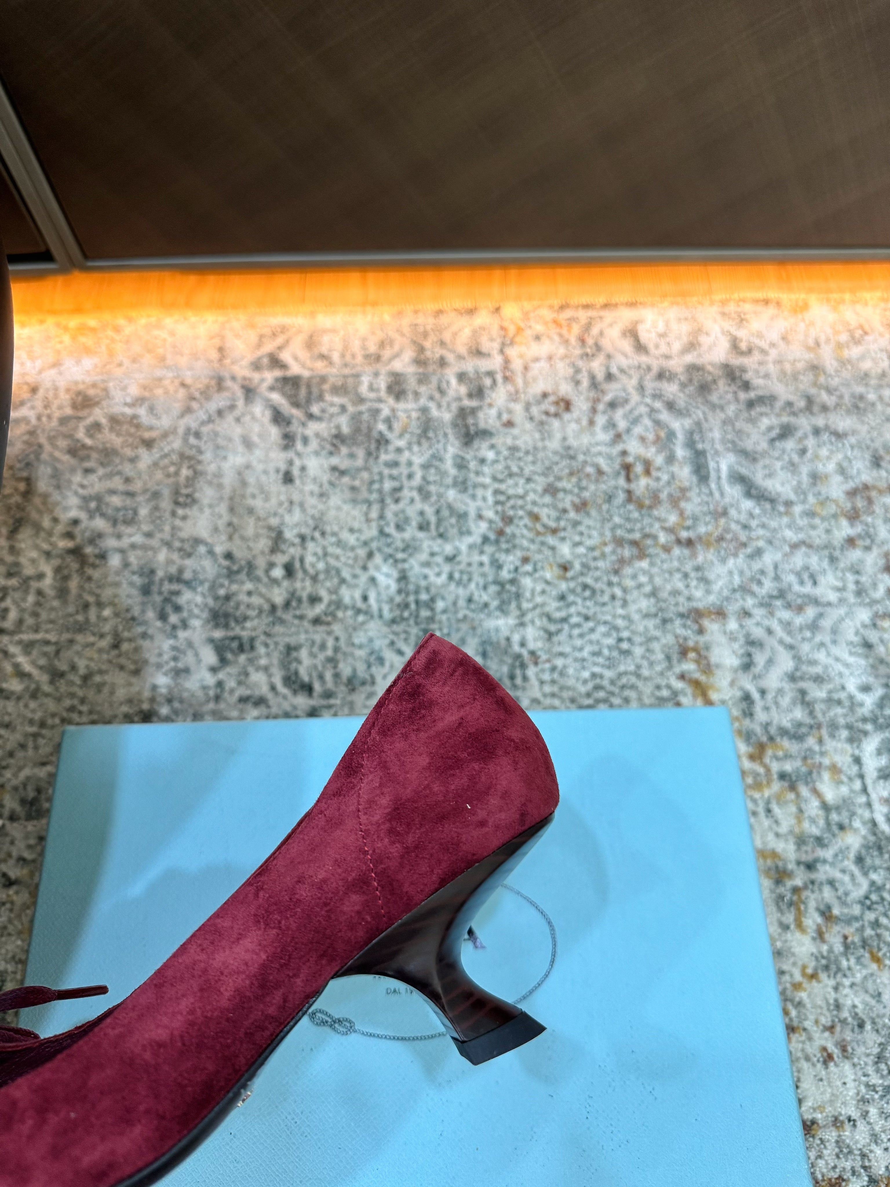 PRADA 26S POINTED TOE LACE UP STUDDED PUMPS 55MM IN BURGUNDY RED SUEDE