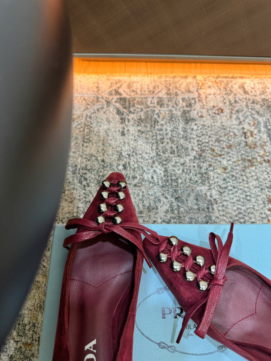 PRADA 26S POINTED TOE LACE UP STUDDED PUMPS 55MM IN BURGUNDY RED SUEDE