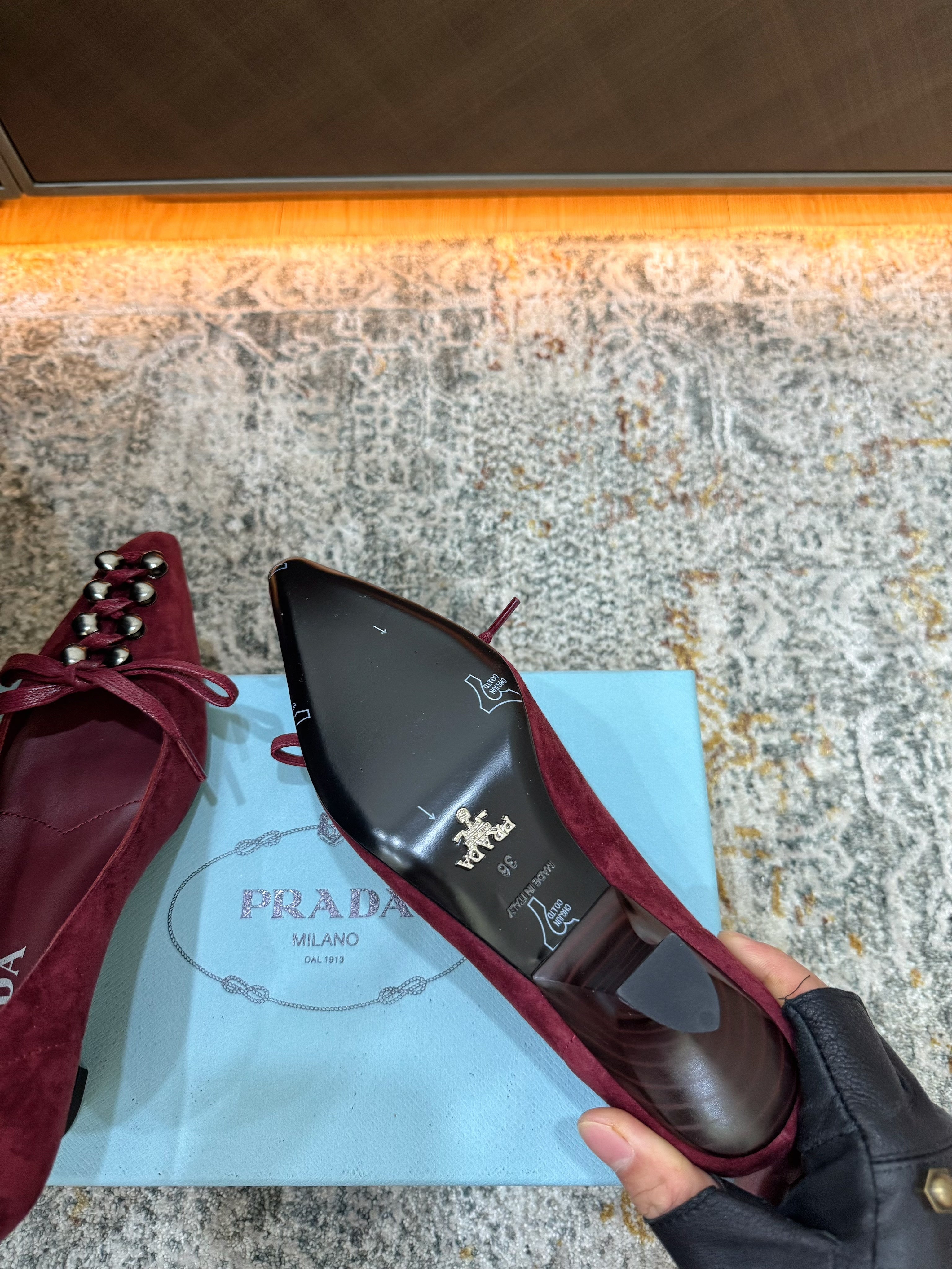 PRADA 26S POINTED TOE LACE UP STUDDED PUMPS 55MM IN BURGUNDY RED SUEDE