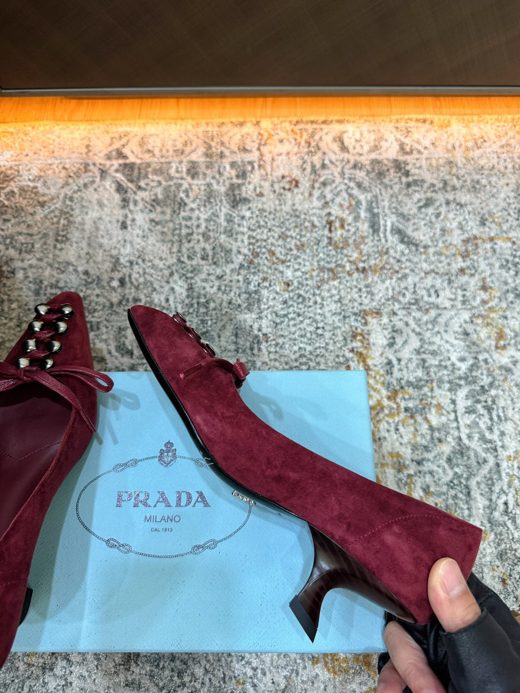 PRADA 26S POINTED TOE LACE UP STUDDED PUMPS 55MM IN BURGUNDY RED SUEDE