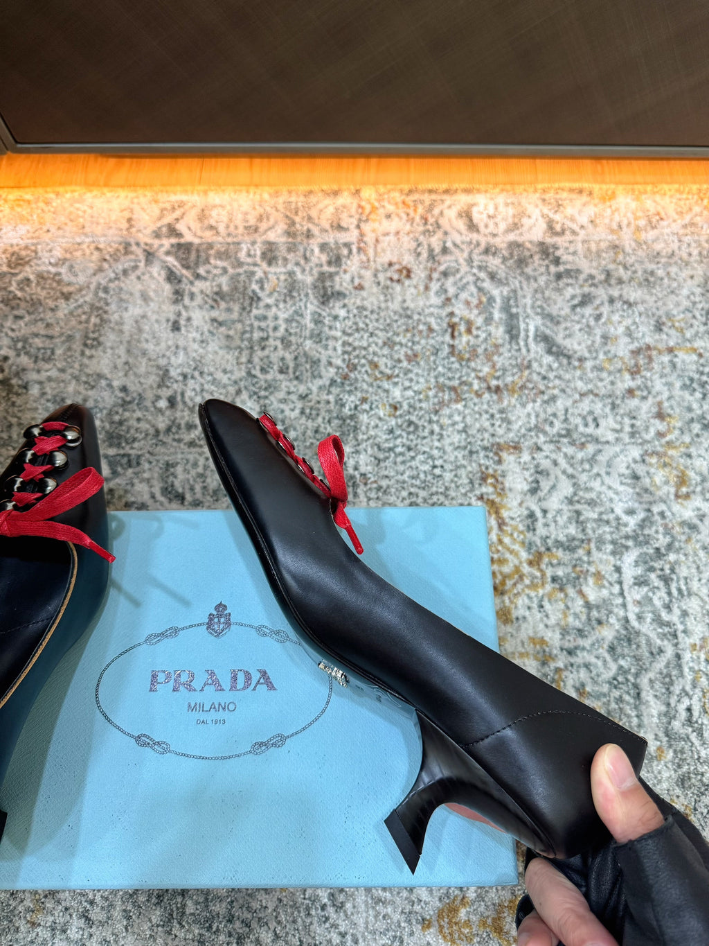 PRADA 26S  LACE UP STUDDED PUMPS 55MM IN BLACK CALFSKIN WITH RED LACES