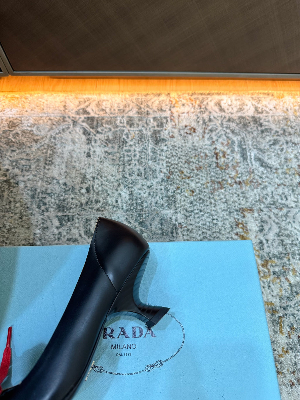 PRADA 26S  LACE UP STUDDED PUMPS 55MM IN BLACK CALFSKIN WITH RED LACES