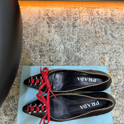 PRADA 26S  LACE UP STUDDED PUMPS 55MM IN BLACK CALFSKIN WITH RED LACES