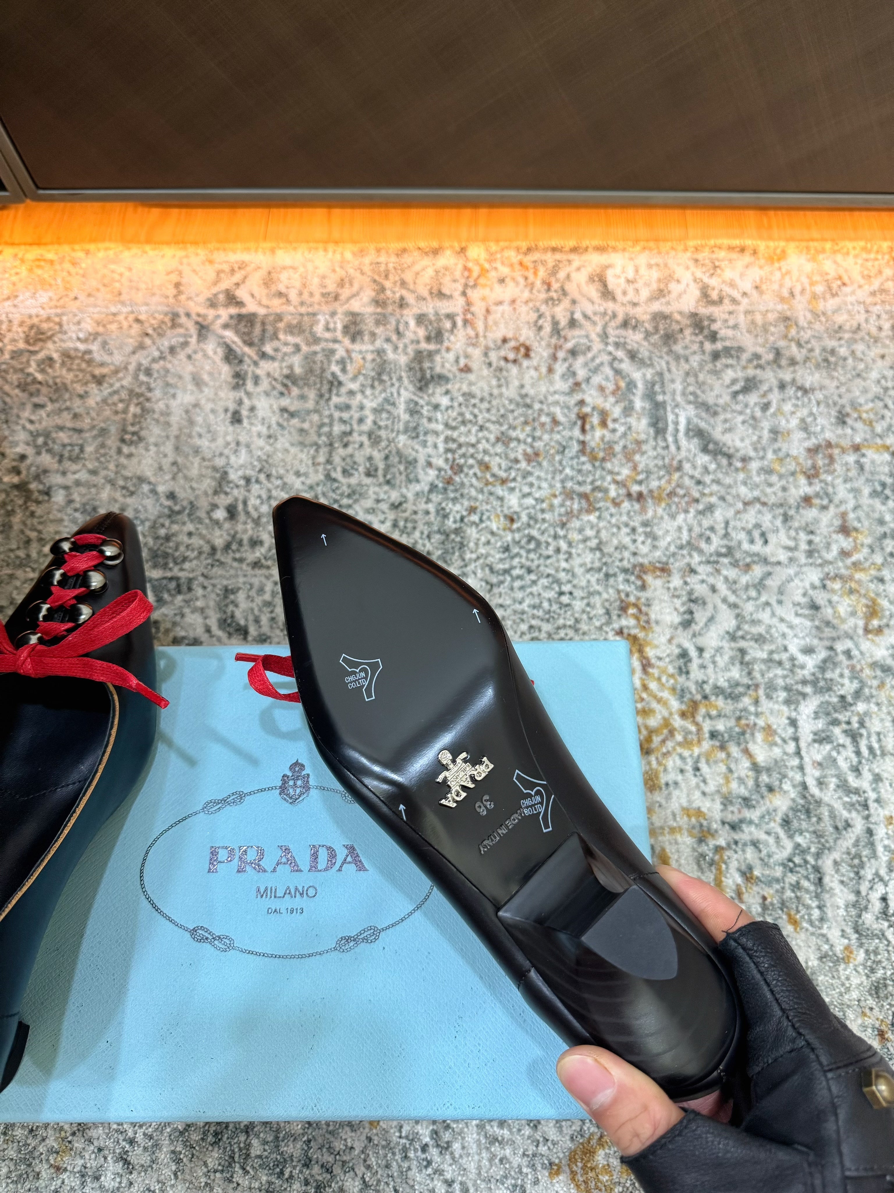 PRADA 26S  LACE UP STUDDED PUMPS 55MM IN BLACK CALFSKIN WITH RED LACES