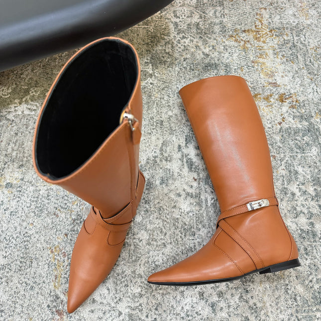 HM 26S FLAT KNEE-HIGH BOOTS IN COGNAC BROWN CALFSKIN 