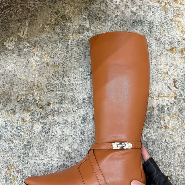 HM 26S FLAT KNEE-HIGH BOOTS IN COGNAC BROWN CALFSKIN 
