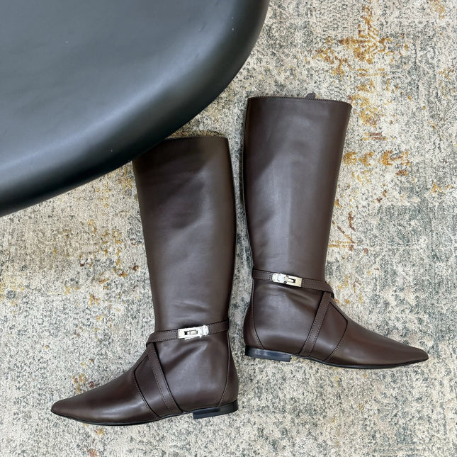 HM 26S FLAT KNEE-HIGH BOOTS IN DARK BROWN CALFSKIN