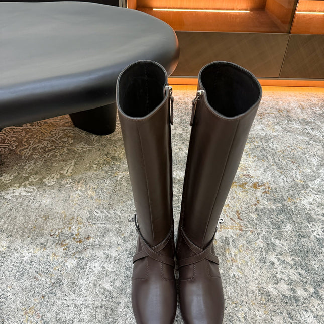 HM 26S FLAT KNEE-HIGH BOOTS IN DARK BROWN CALFSKIN
