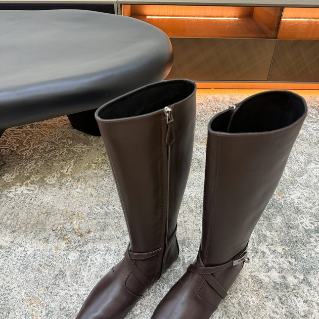 HM 26S FLAT KNEE-HIGH BOOTS IN DARK BROWN CALFSKIN
