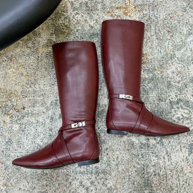 HM 26S FLAT KNEE-HIGH BOOTS IN WINE RED CALFSKIN
