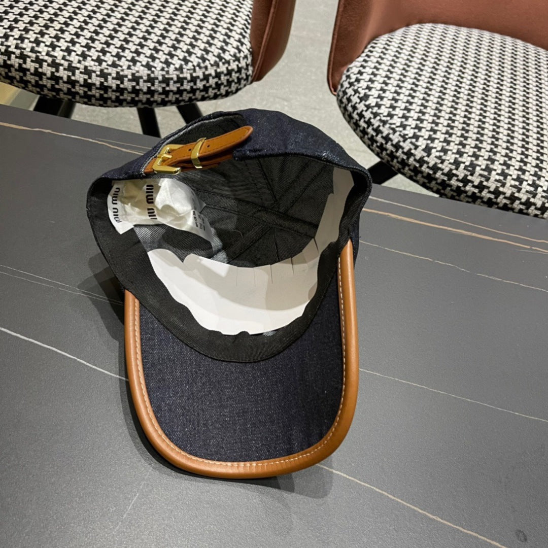 MIUMIU BASEBALL CAP IN NAVY BLUE DENIM AND CALFSKIN