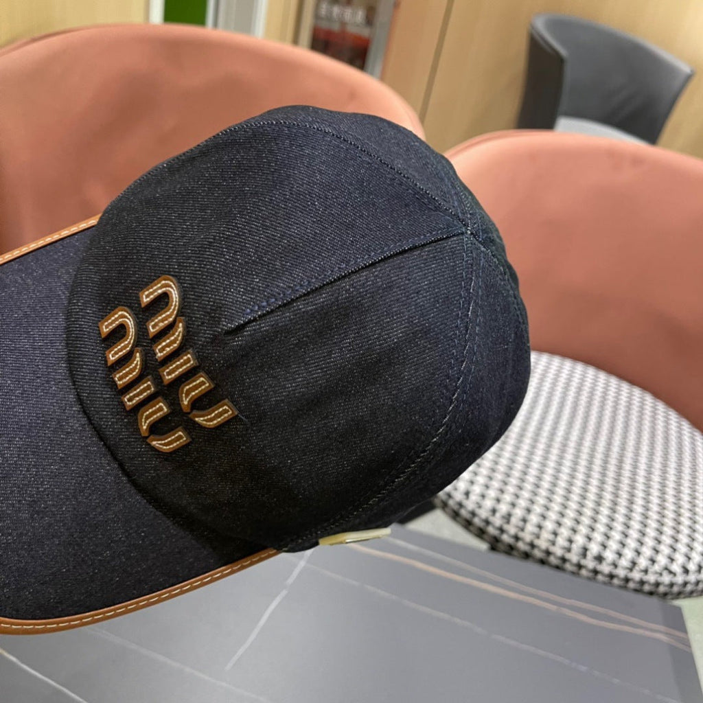MIUMIU BASEBALL CAP IN NAVY BLUE DENIM AND CALFSKIN