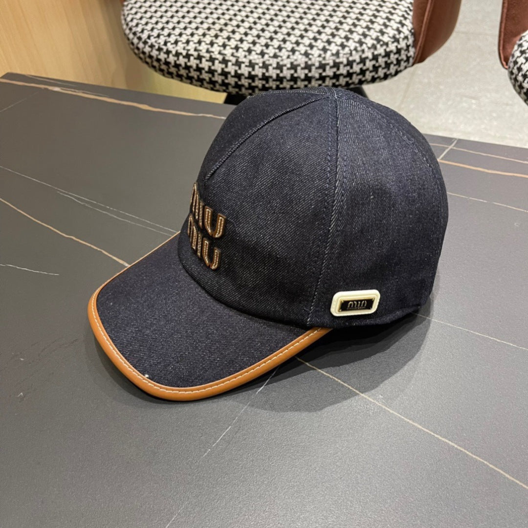 MIUMIU BASEBALL CAP IN NAVY BLUE DENIM AND CALFSKIN