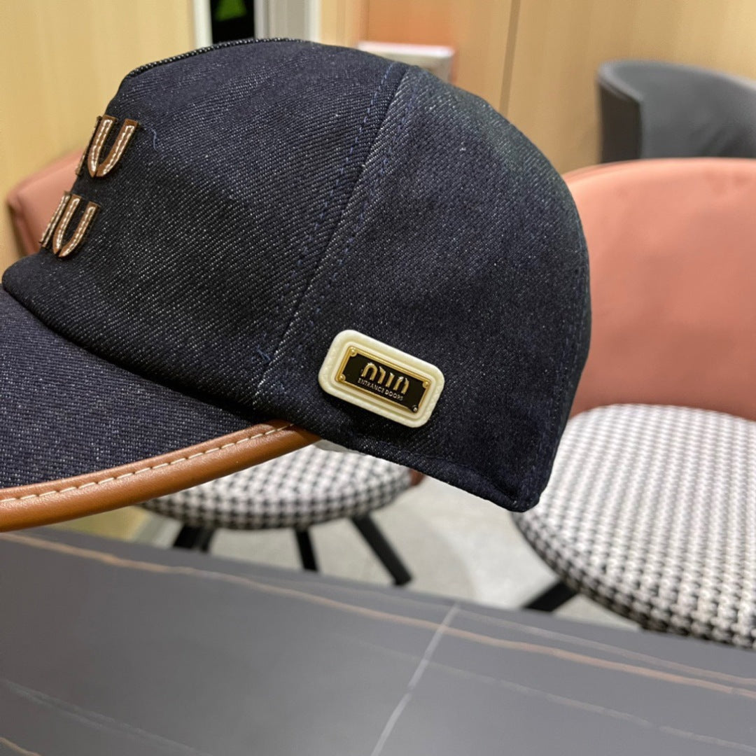 MIUMIU BASEBALL CAP IN NAVY BLUE DENIM AND CALFSKIN