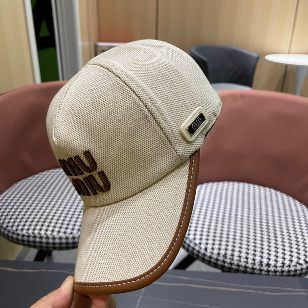 MIUMIU BASEBALL CAP IN LIGHT BEIGE FABRIC AND CALFSKIN