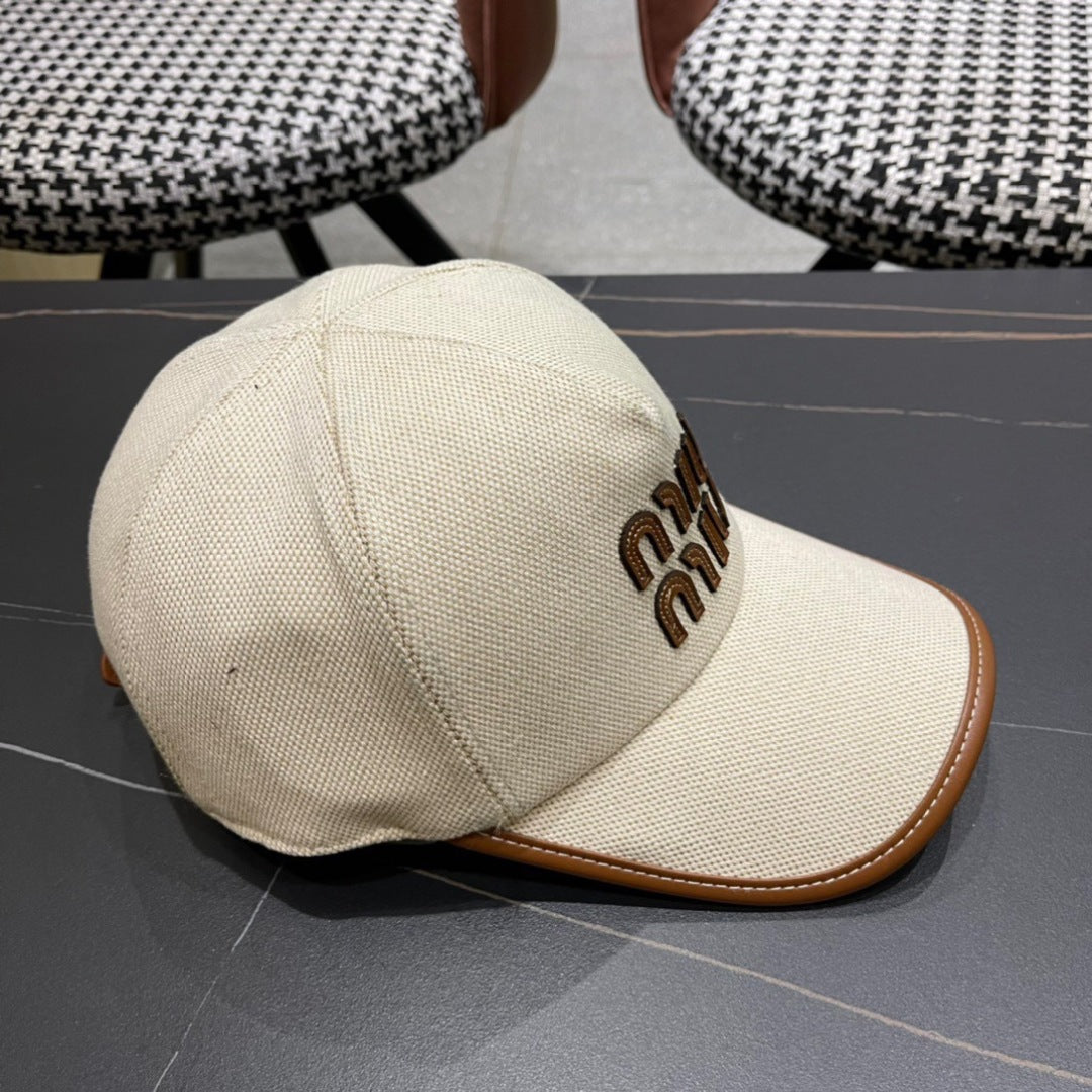 MIUMIU BASEBALL CAP IN LIGHT BEIGE FABRIC AND CALFSKIN