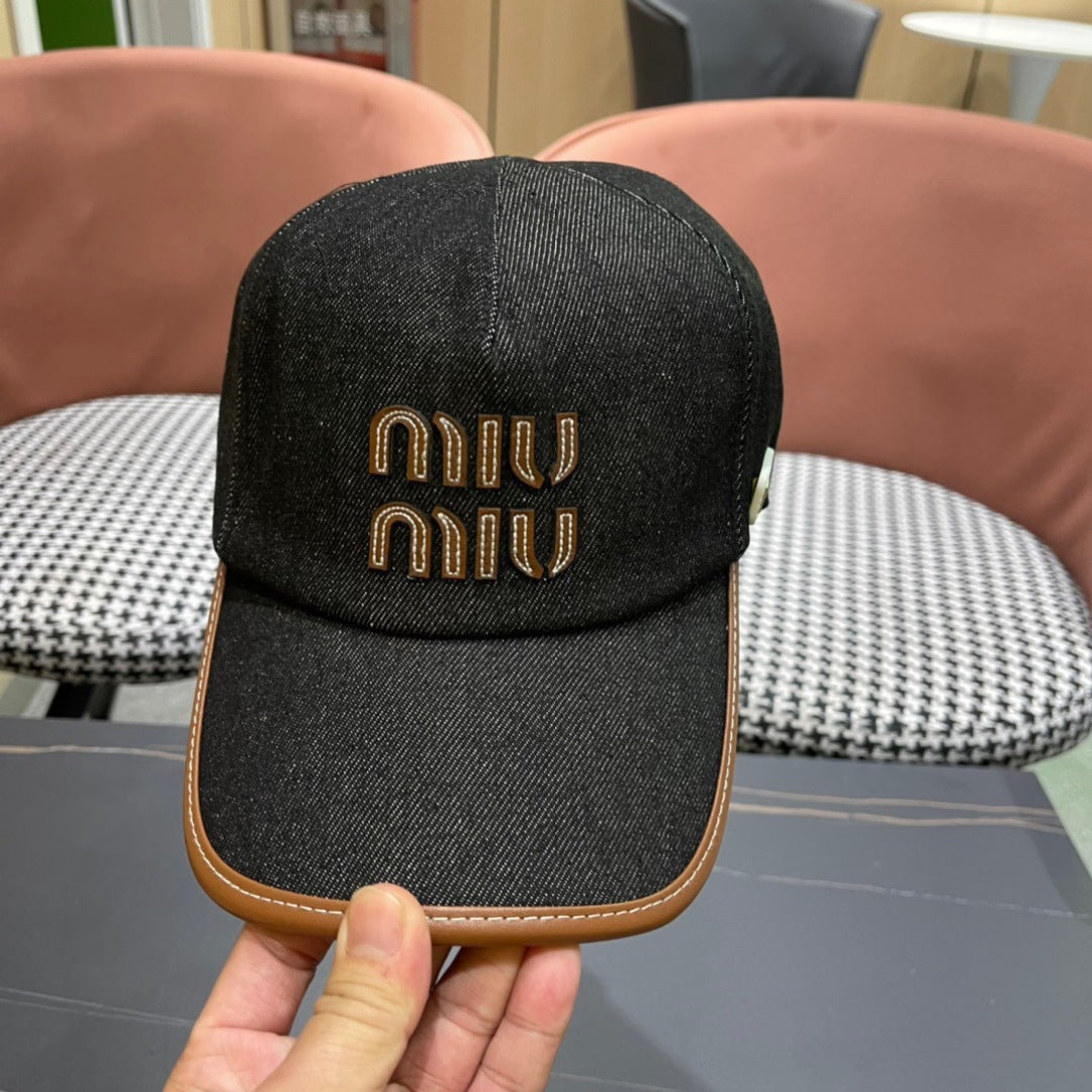 MIUMIU BASEBALL CAP IN BLACK DENIM AND CALFSKIN