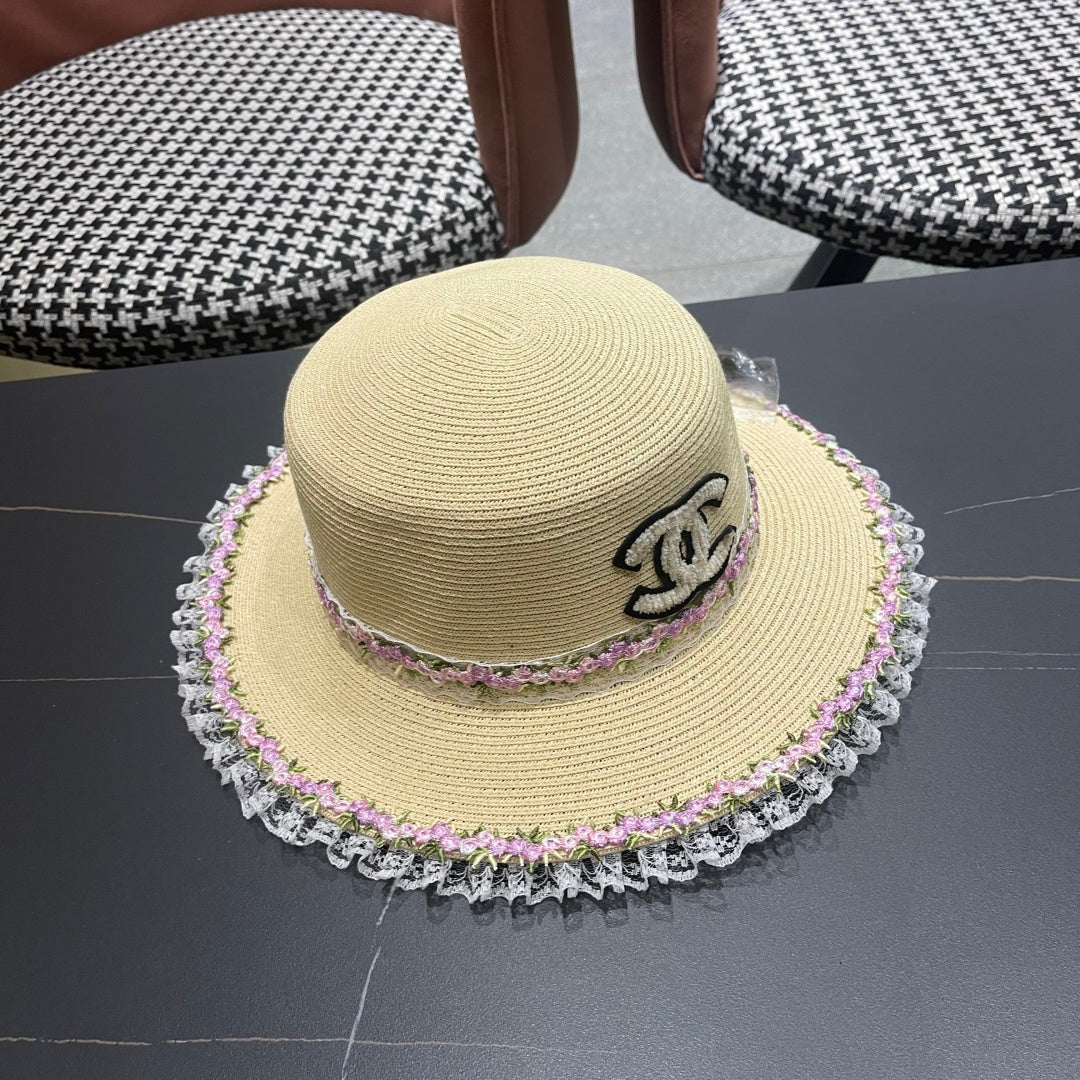 CHANEL 26S LACE & FLORAL TRIM STRAW HAT 337939