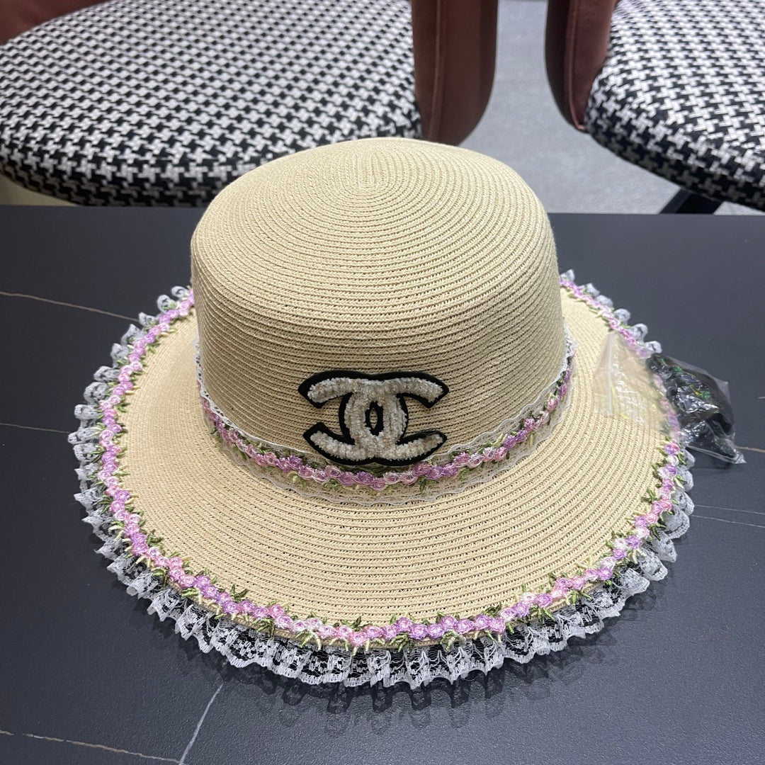 CHANEL 26S LACE & FLORAL TRIM STRAW HAT 337939