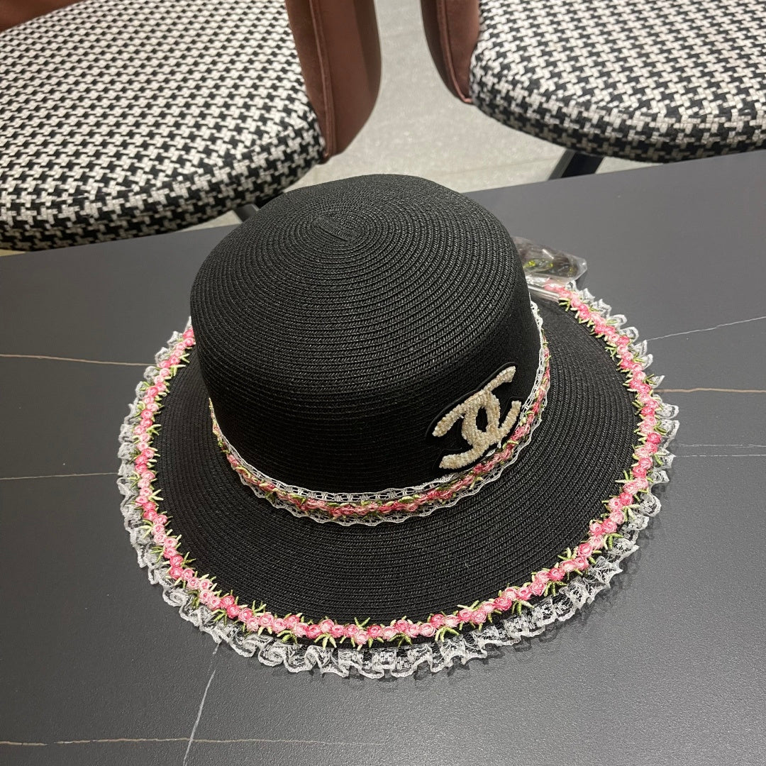 CHANEL 26S LACE & FLORAL TRIM STRAW HAT 337938