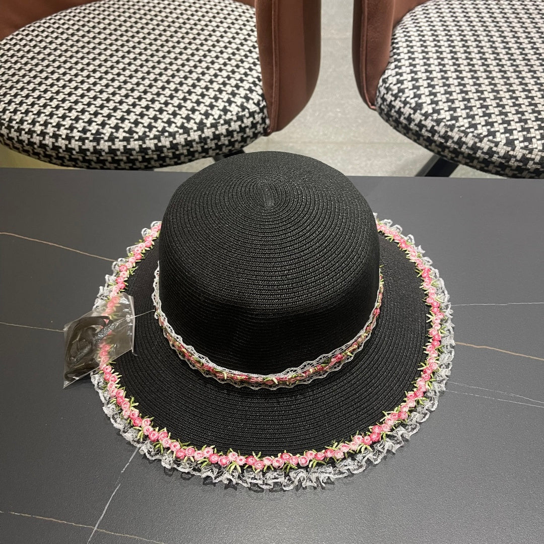 CHANEL 26S LACE & FLORAL TRIM STRAW HAT 337938