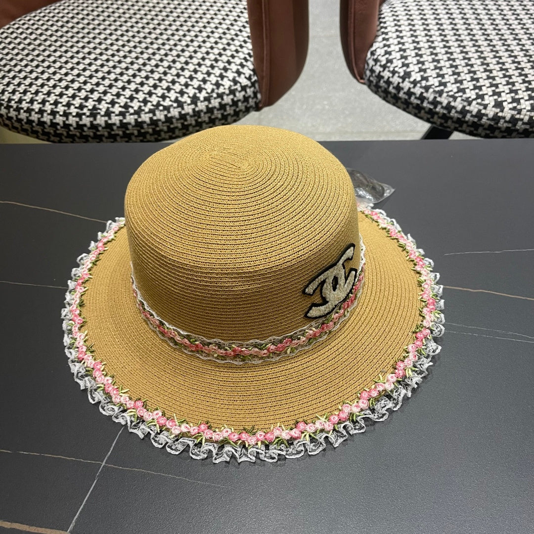 CHANEL 26S LACE & FLORAL TRIM STRAW HAT 337937
