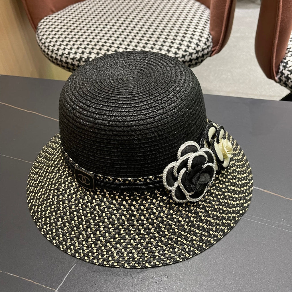 CHANEL 26S FLORAL-EMBELLISHED STRAW HAT 337940