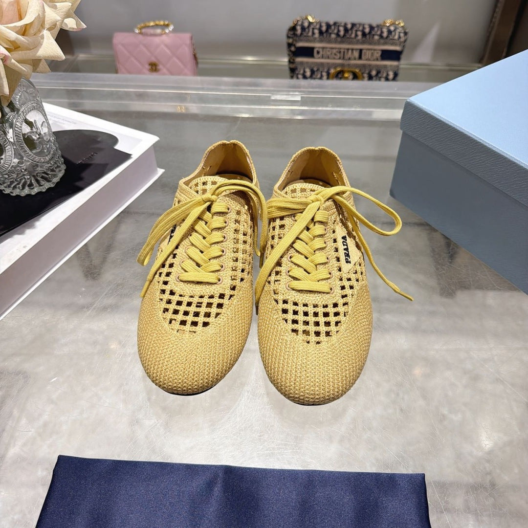 PRADA 26S LACE UP OPENWORK KNIT SNEAKERS IN YELLOW BEIGE KNIT FABRIC