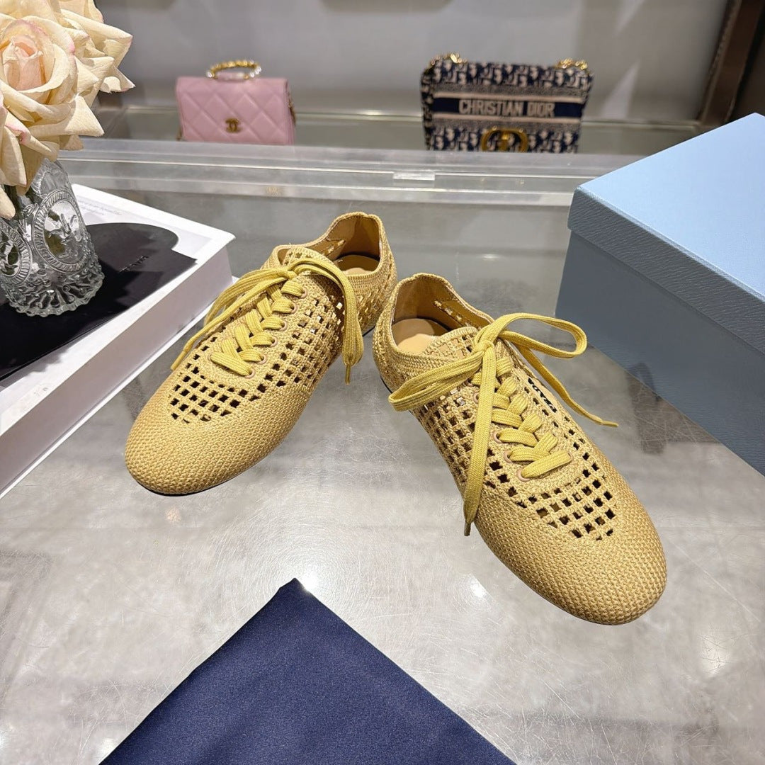 PRADA 26S LACE UP OPENWORK KNIT SNEAKERS IN YELLOW BEIGE KNIT FABRIC