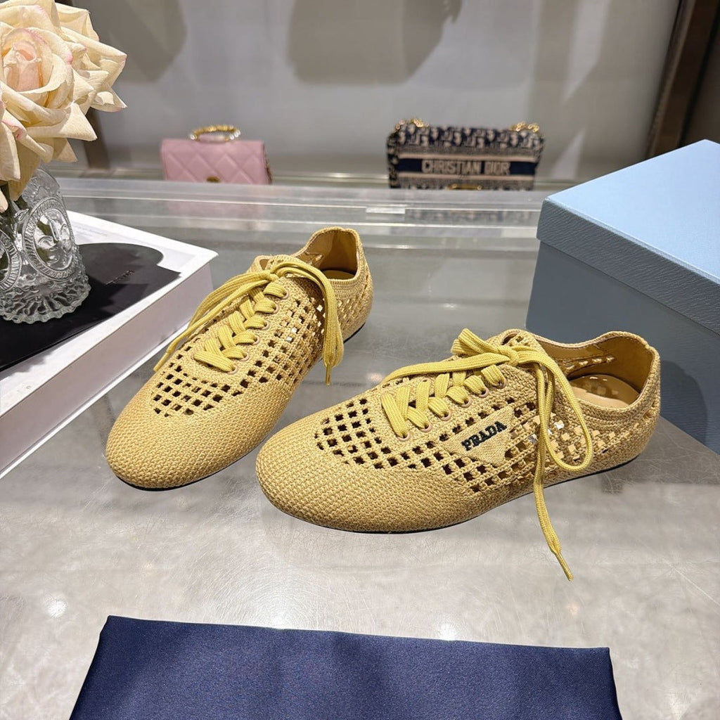 PRADA 26S LACE UP OPENWORK KNIT SNEAKERS IN YELLOW BEIGE KNIT FABRIC