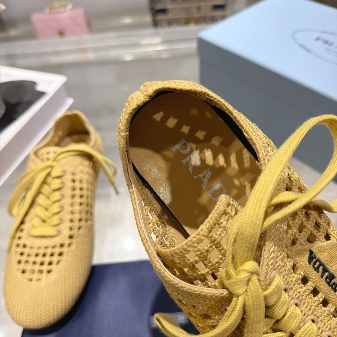 PRADA 26S LACE UP OPENWORK KNIT SNEAKERS IN YELLOW BEIGE KNIT FABRIC