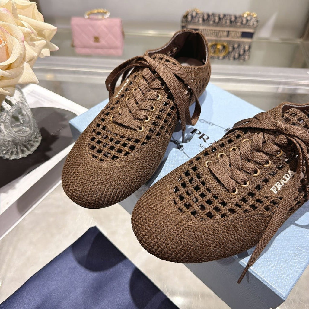 PRADA 26S LACE UP OPENWORK KNIT SNEAKERS IN DARK BROWN KNIT FABRIC