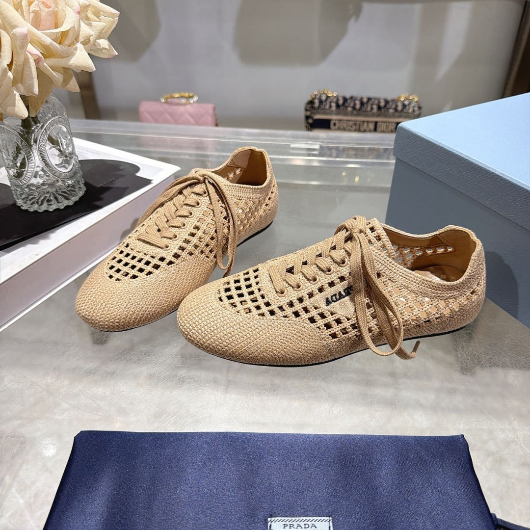PRADA 26S LACE UP OPENWORK KNIT SNEAKERS IN BEIGE KNIT FABRIC