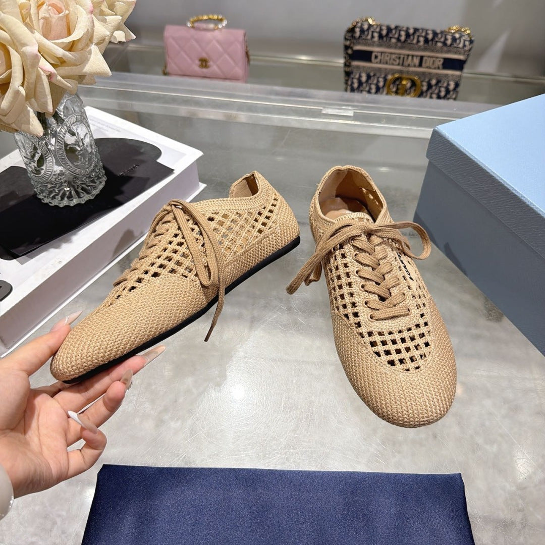 PRADA 26S LACE UP OPENWORK KNIT SNEAKERS IN BEIGE KNIT FABRIC