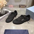 PRADA 26S LACE UP OPENWORK KNIT SNEAKERS IN BLACK KNIT FABRIC
