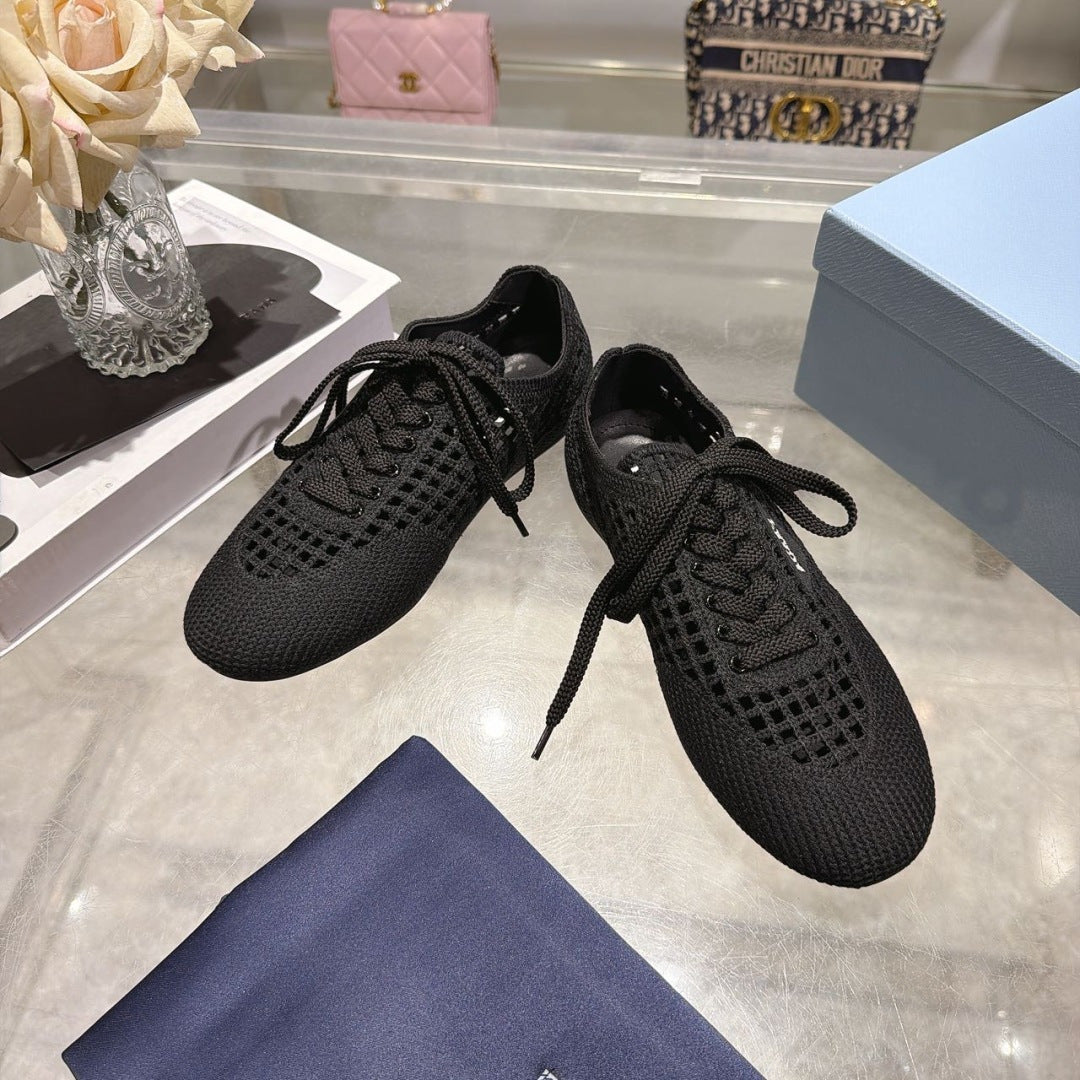 PRADA 26S LACE UP OPENWORK KNIT SNEAKERS IN BLACK KNIT FABRIC