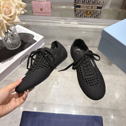 PRADA 26S LACE UP OPENWORK KNIT SNEAKERS IN BLACK KNIT FABRIC