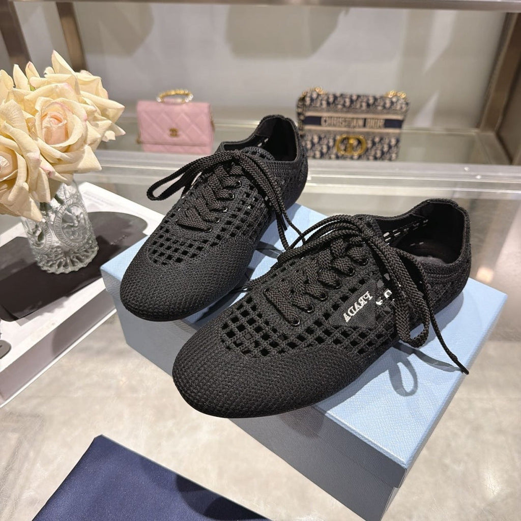 PRADA 26S LACE UP OPENWORK KNIT SNEAKERS IN BLACK KNIT FABRIC