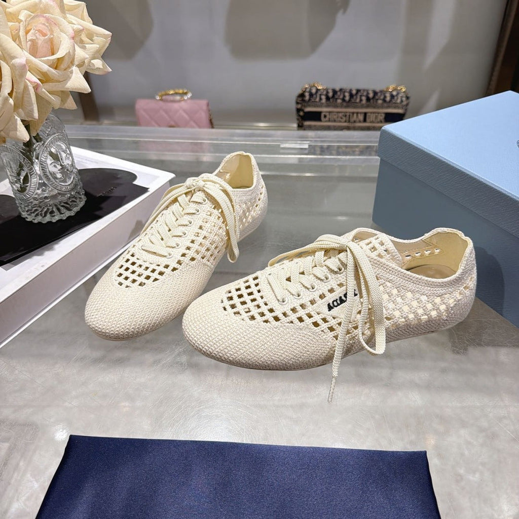 PRADA 26S LACE UP OPENWORK KNIT SNEAKERS IN IVORY WHITE KNIT FABRIC