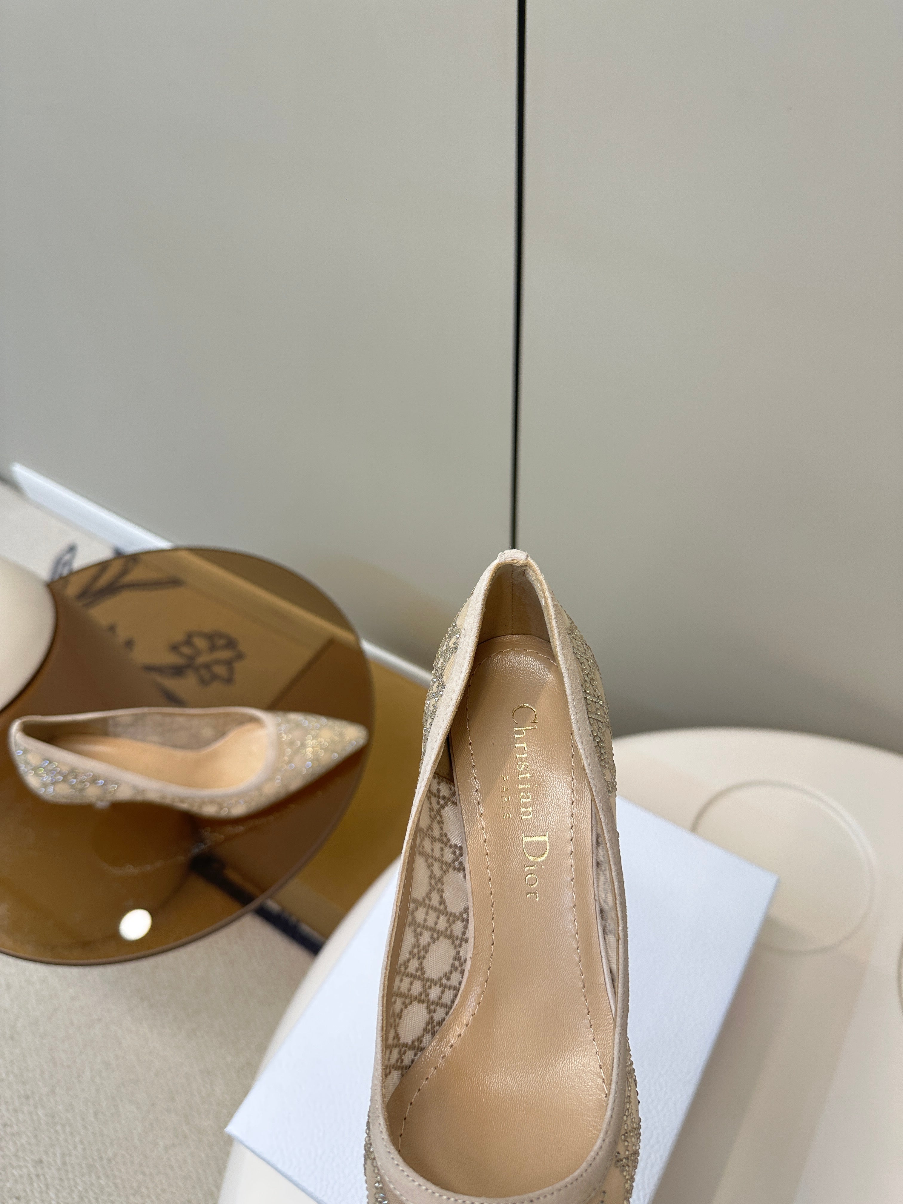 POINTED TOE HEELS 55MM IN NUDE MESH WITH RHINESTONES