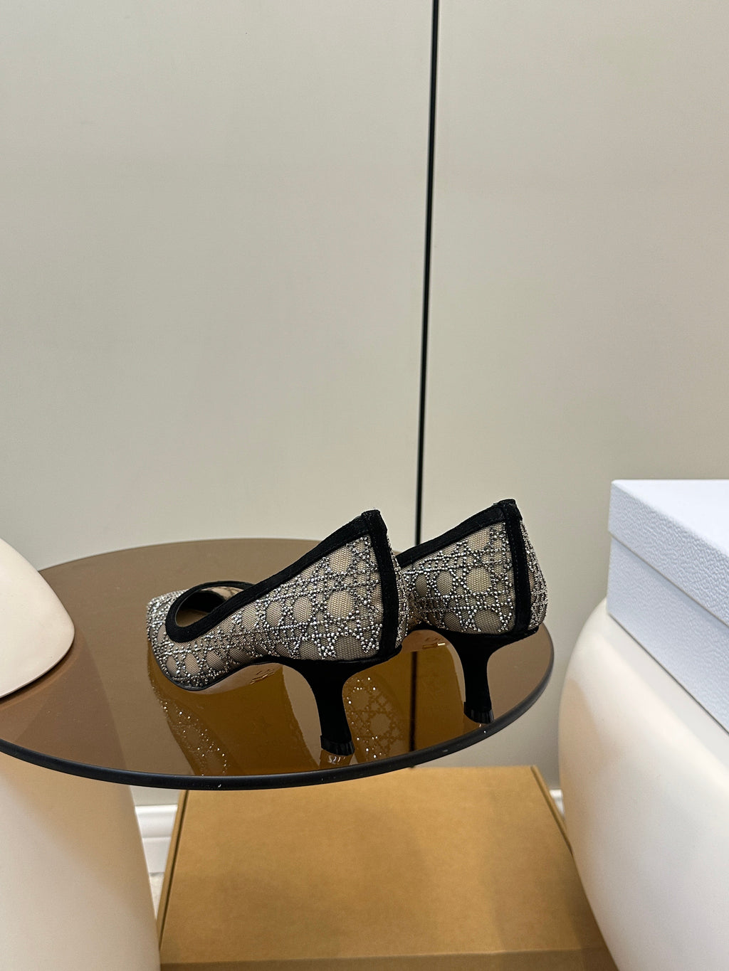 POINTED TOE HEELS 55MM IN BLACK MESH WITH RHINESTONES