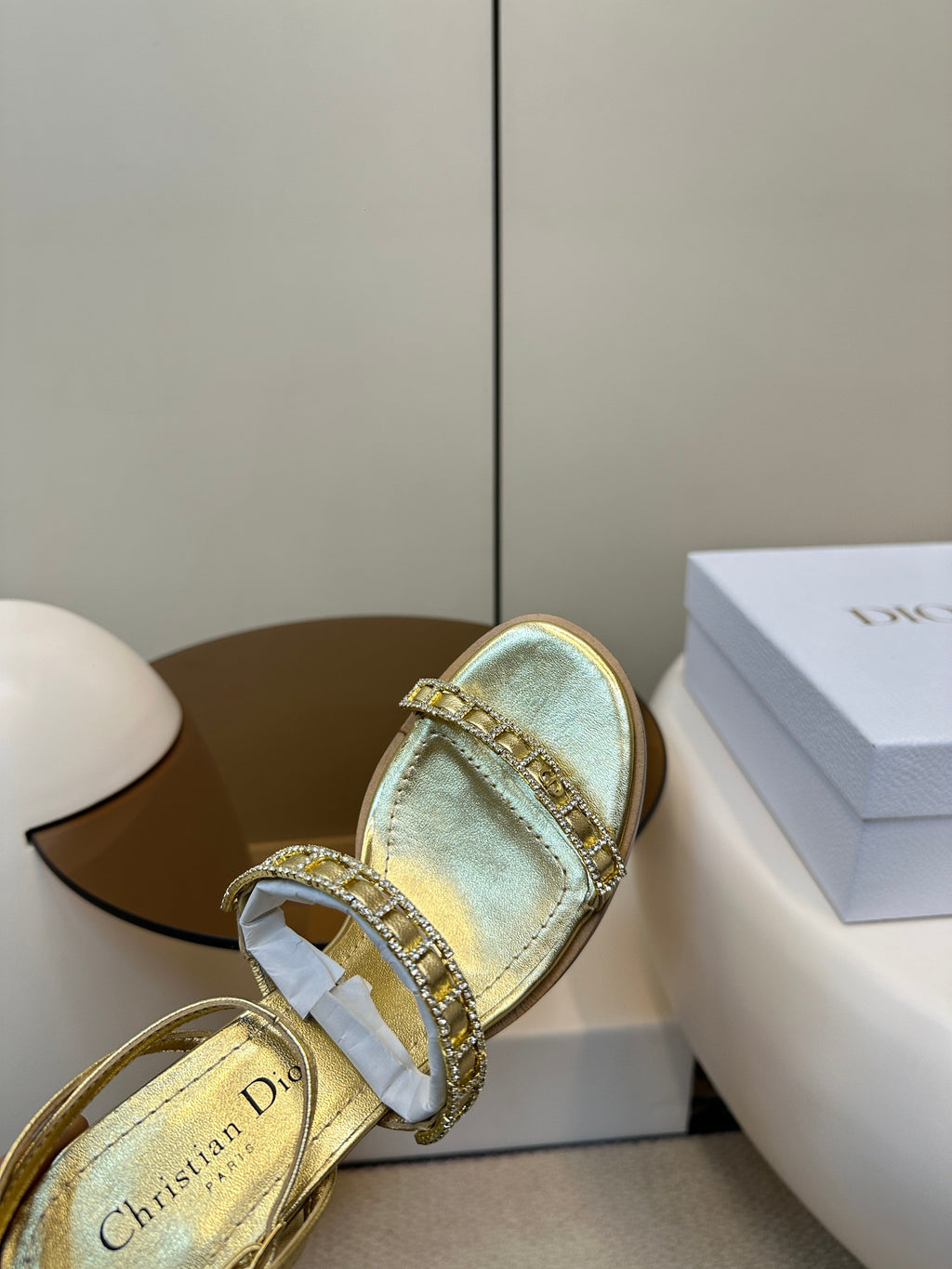 HIGH HEEL 25S SANDALS 85MM IN SHINY GOLD CALFSKIN RHINESTONES STRAP