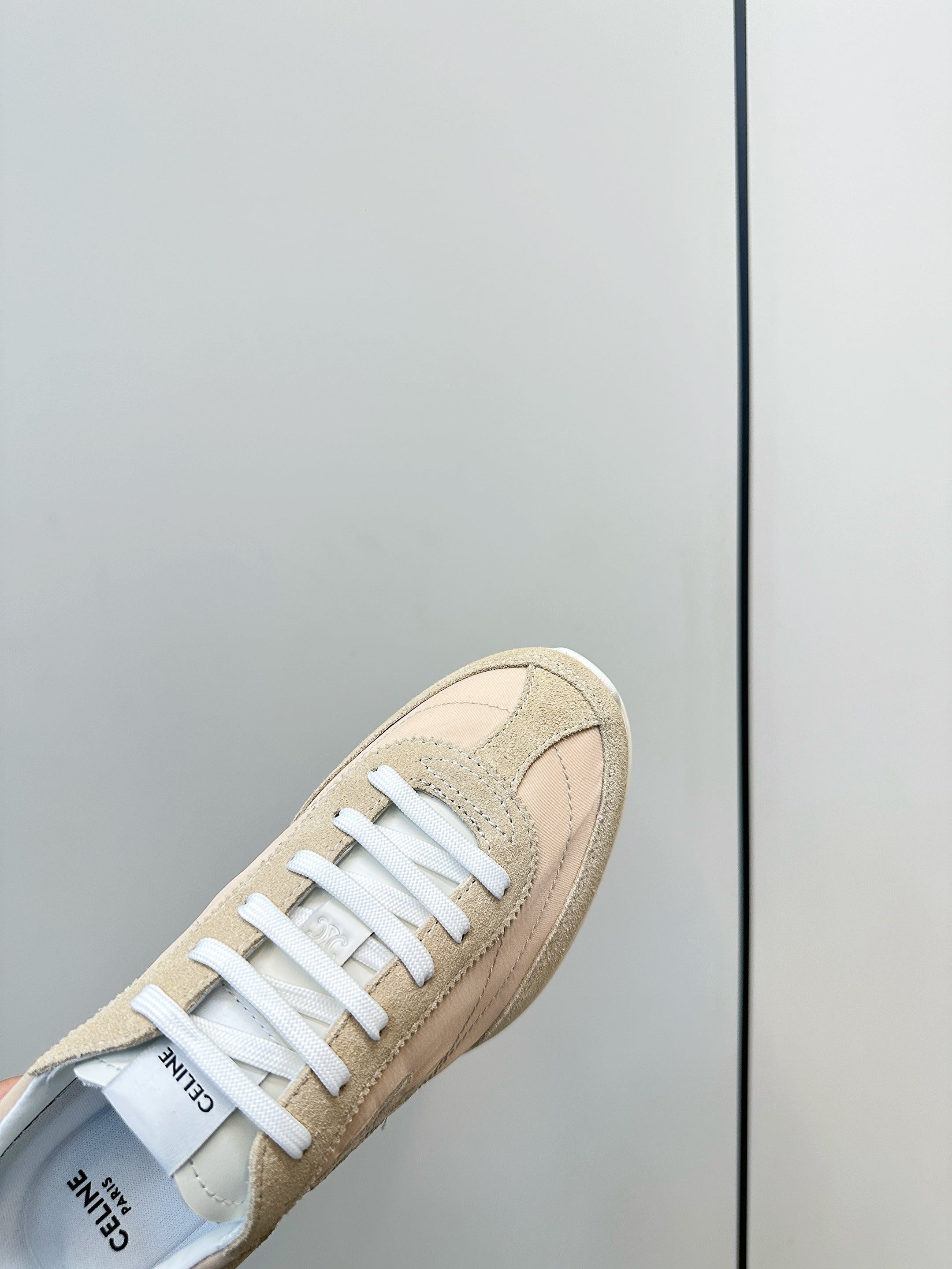 CELINE 25S RACER LOW TOP SNEAKER IN BEIGE AND LIGHT GRAY NYLON AND SUEDE